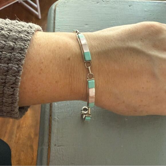 925 Sterling Silver Mother of Pearl & Turquoise Linked Bar Bracelet - Picture 3 of 11